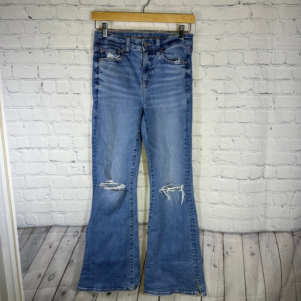 American Eagle High Waisted Flare Jeans Distressed Medium Wash Blue Slit Hem